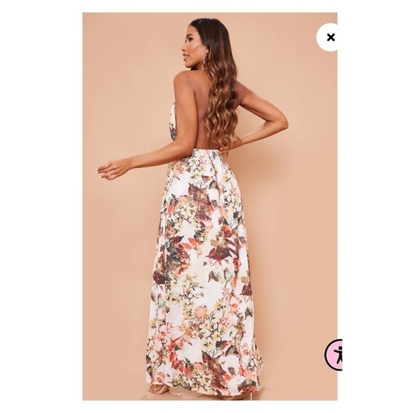 PRETTY LITTLE THING White Floral Print Chiffon Halter Backless Maxi Dress US 12 - Picture 3 of 7